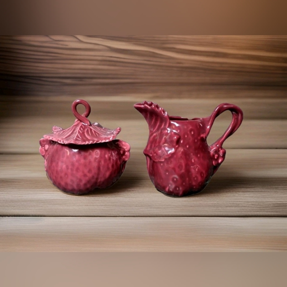 Vintage Pottery Strawberry Creamer & Sugar Bowl Set Camark California Maroon